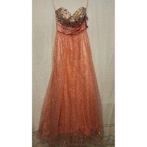 Evening Gown Womens Small Peach Sequin Tulle Prom Dress Beaded Rhinestone